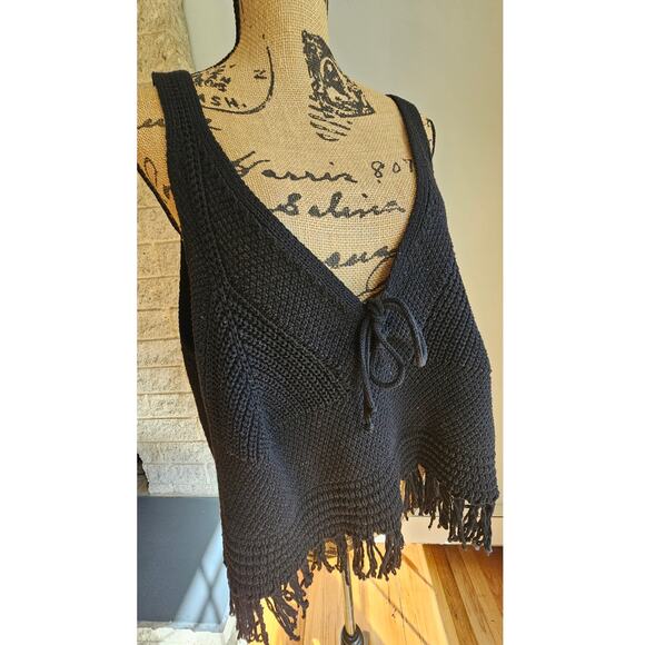 Pilcro Anthropologie Black Sweater Crochet Knit Fringe Tank Top, Sz 2X - Picture 7 of 11